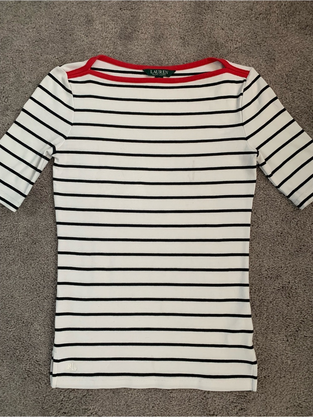 Ralph Lauren White Boatneck Tee with Black Stripes and Red Trim